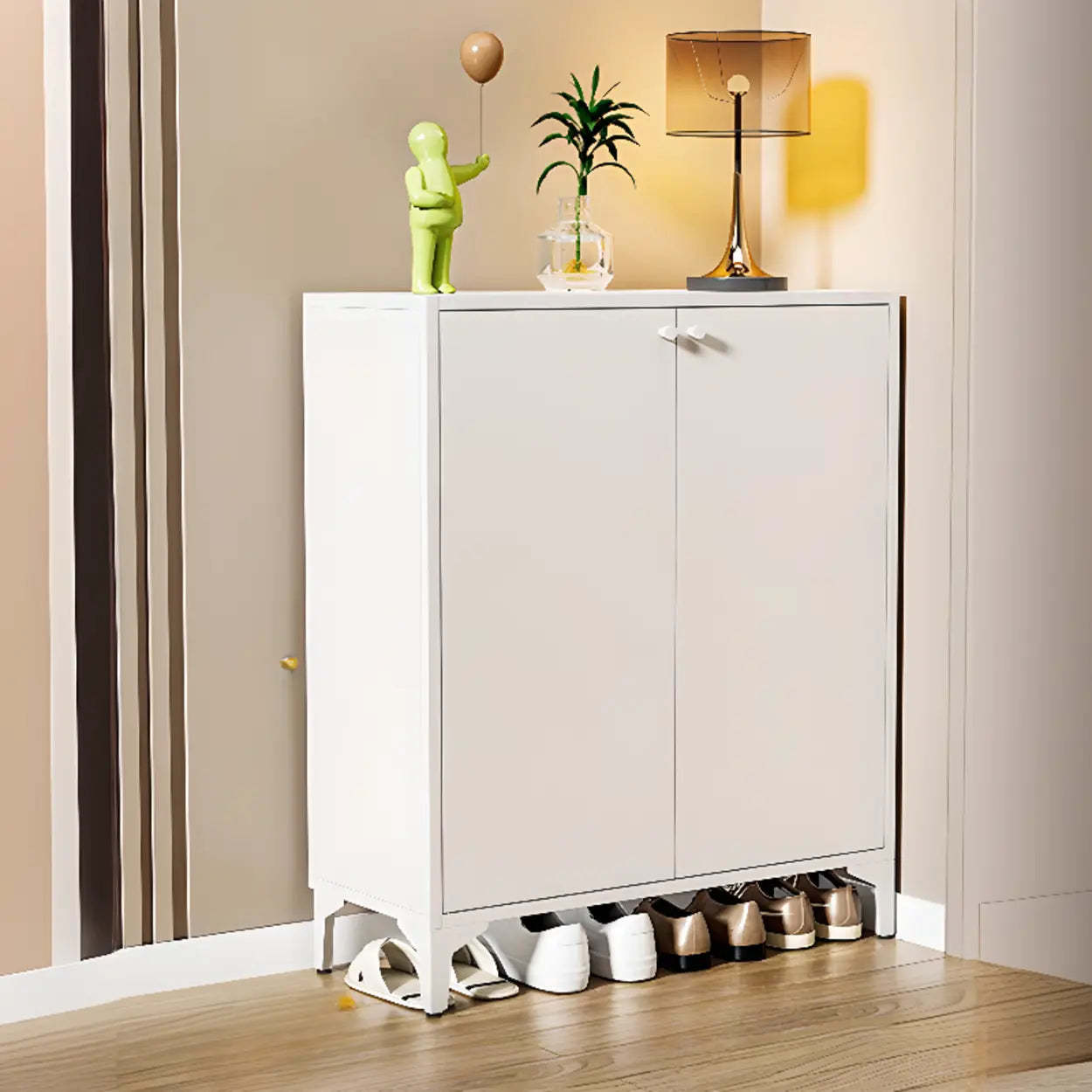 Modern White Wood Large Entryway Shoe Cabinet — White / Colorful Handle