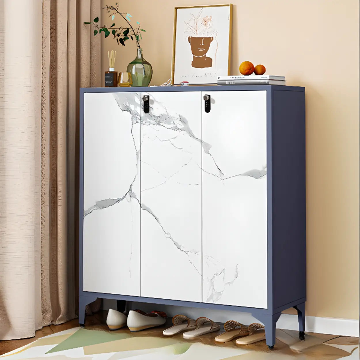 Modern White Wood Large Entryway Shoe Cabinet — Marble / Code Type