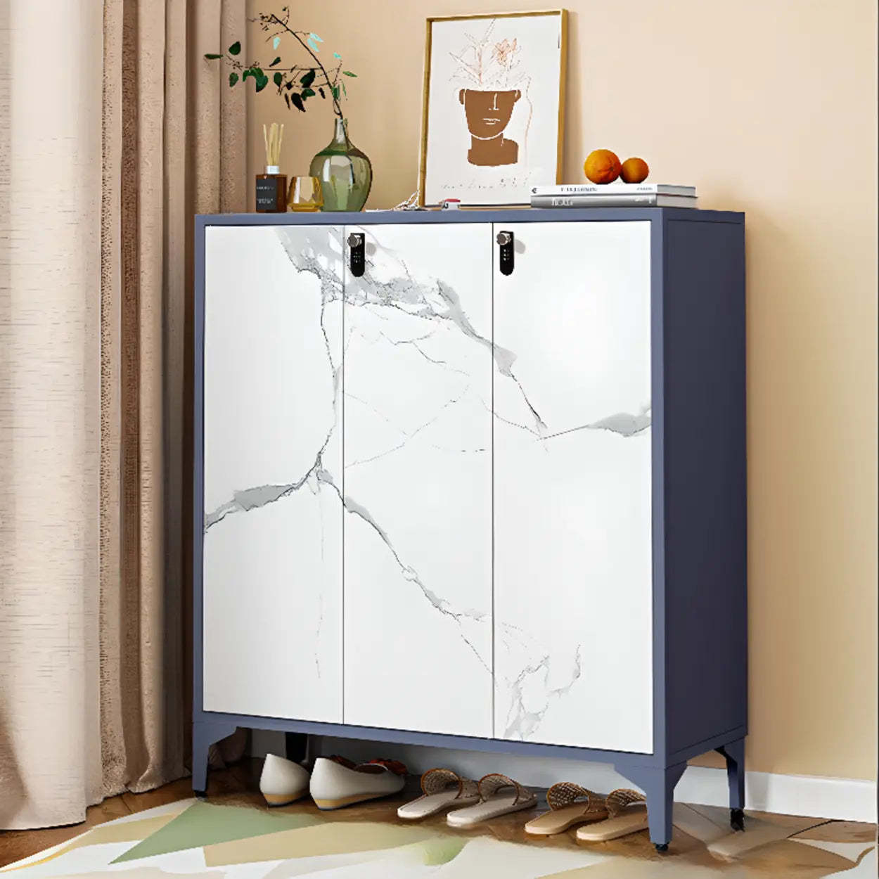 Modern White Wood Large Entryway Shoe Cabinet — Marble / Code Type