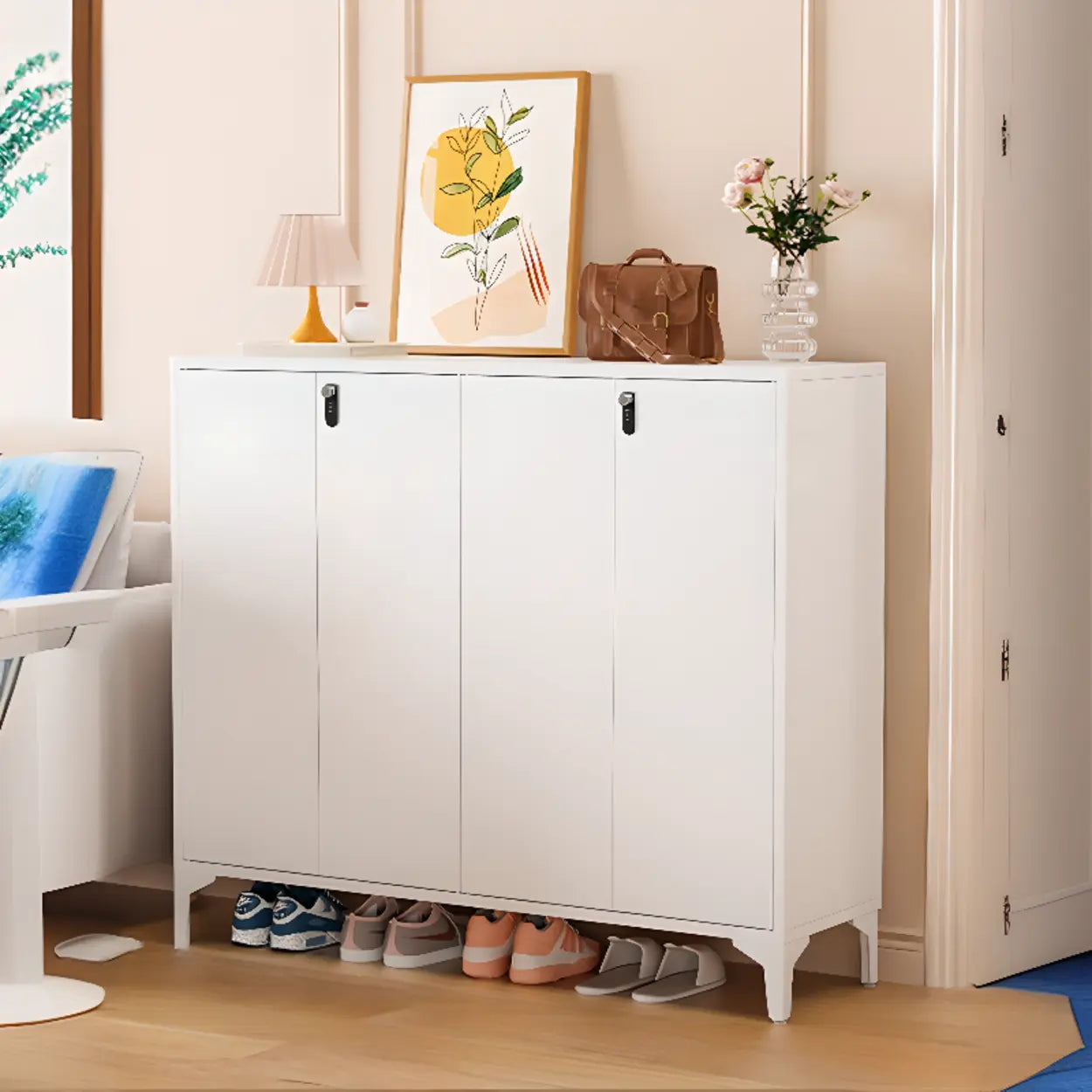 Modern White Wood Large Entryway Shoe Cabinet — Marble / Long Handle