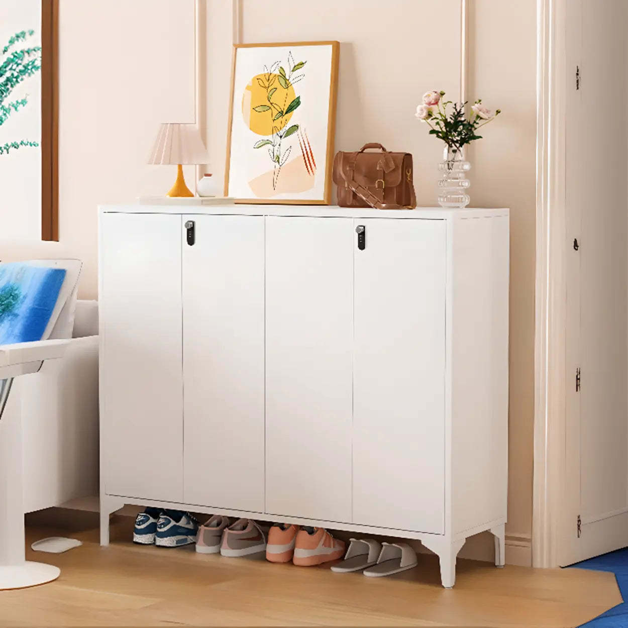 Modern White Wood Large Entryway Shoe Cabinet — Marble / Long Handle