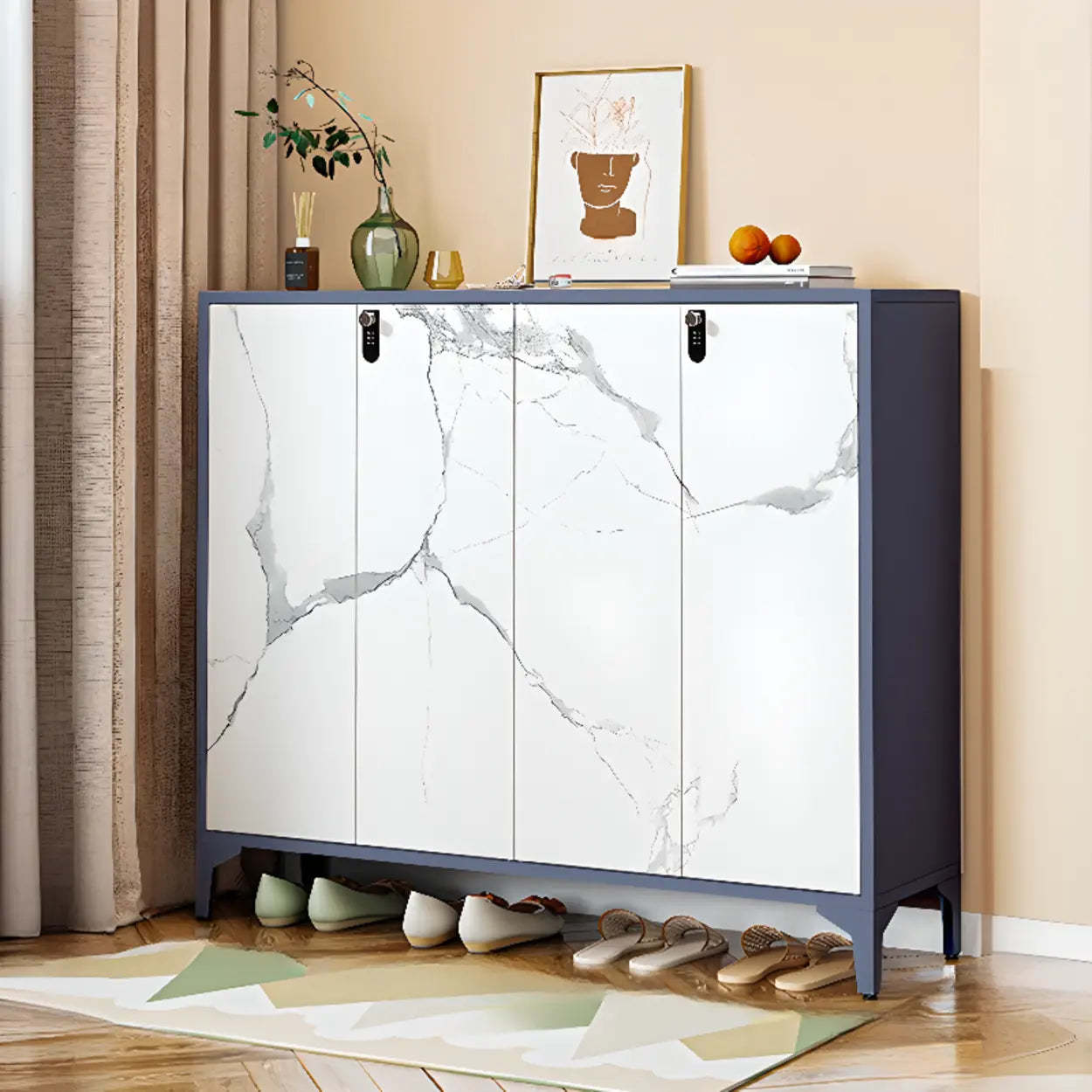 Modern White Wood Large Entryway Shoe Cabinet — Marble / Code Type