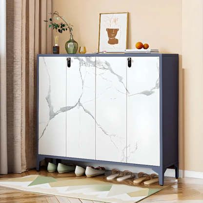 Modern White Wood Large Entryway Shoe Cabinet — Marble / Code Type