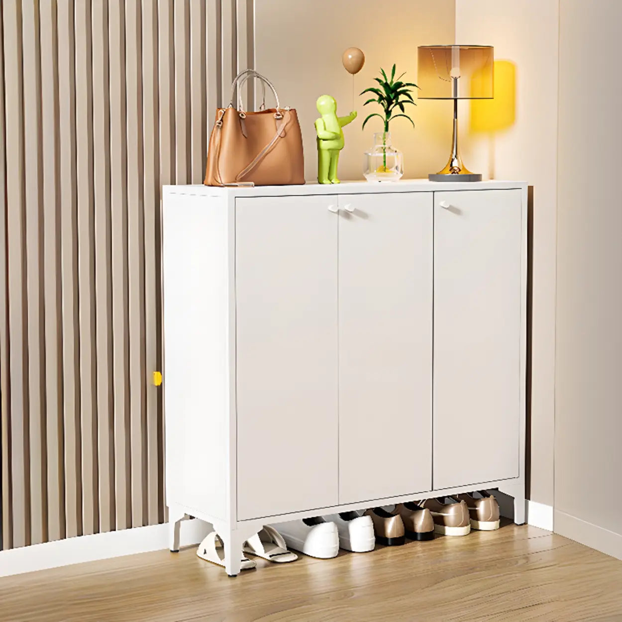 Modern White Wood Large Entryway Shoe Cabinet — White / Round Handle