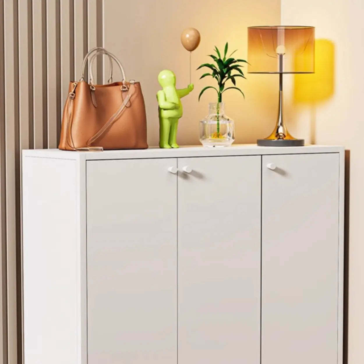 Modern White Wood Large Entryway Shoe Cabinet — White / Heart-Shaped Handle