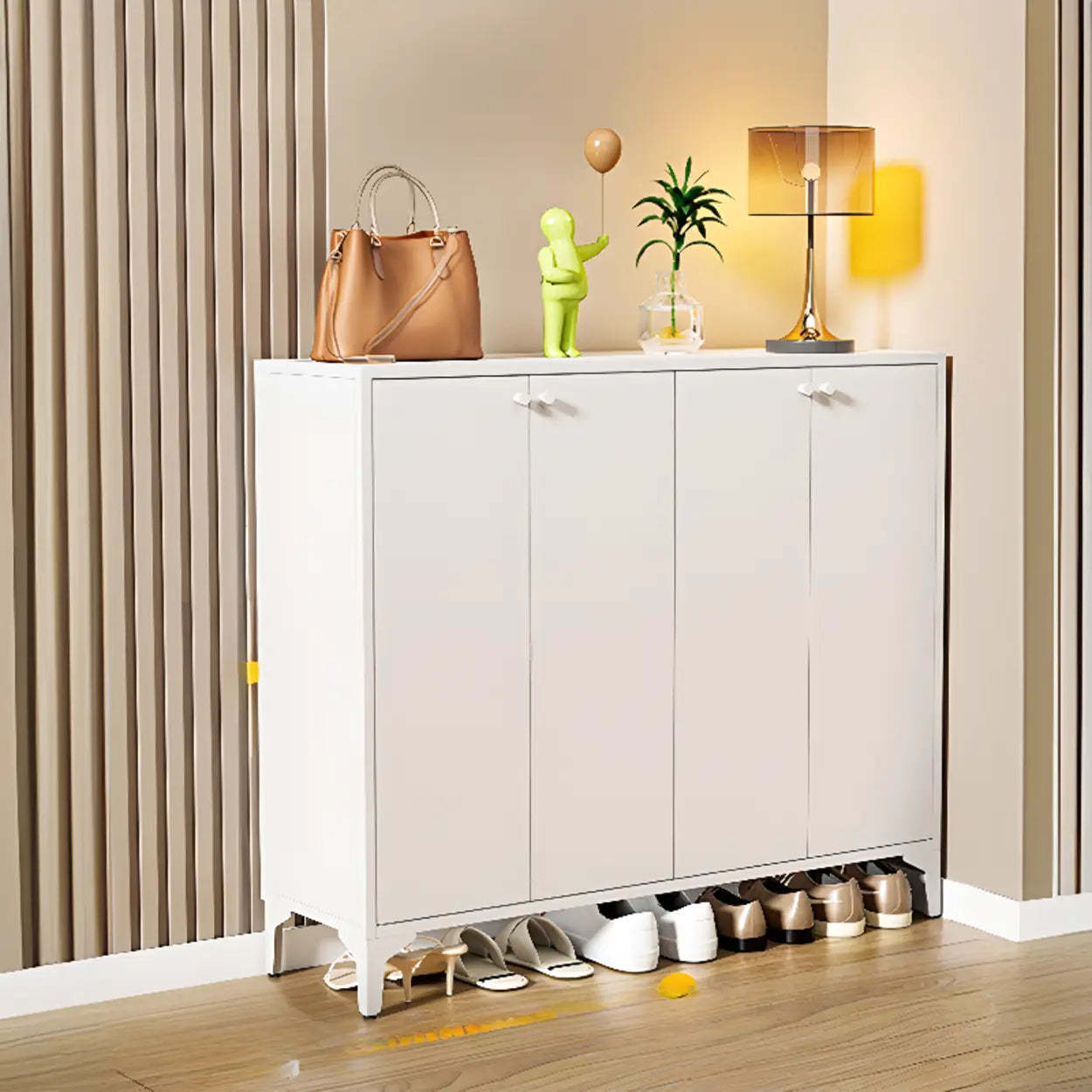 Modern White Wood Large Entryway Shoe Cabinet — White / Press