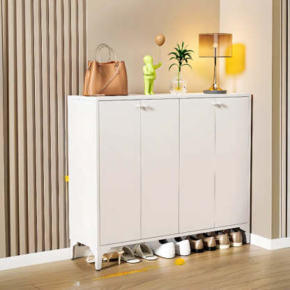 Modern White Wood Large Entryway Shoe Cabinet — White / Press