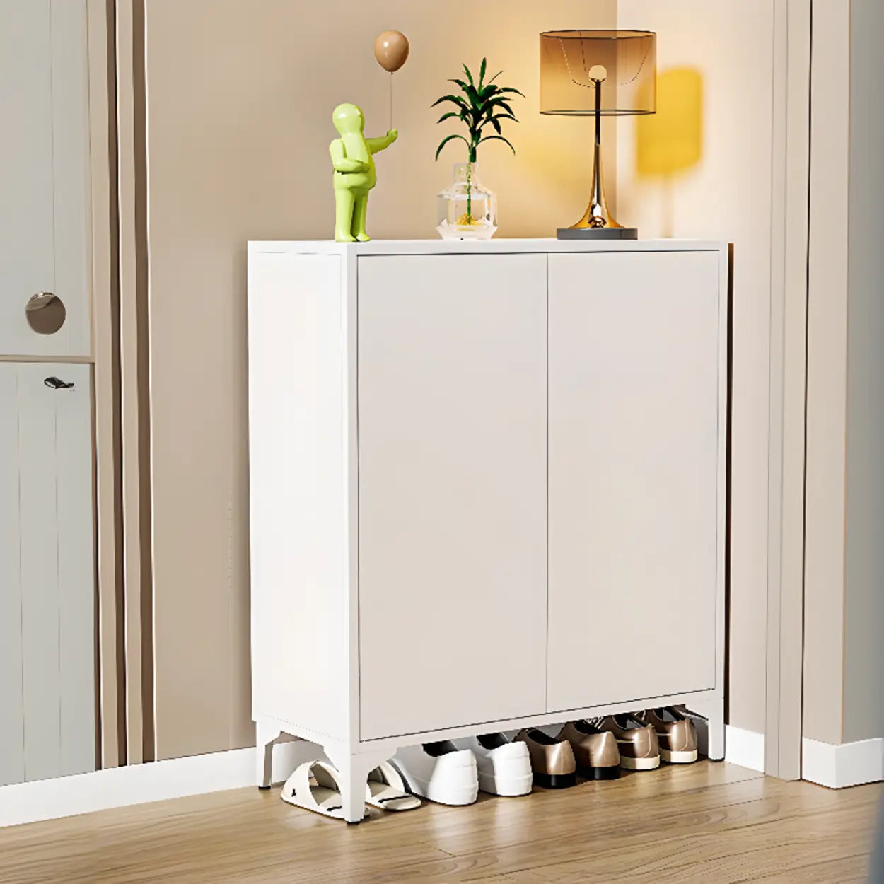 Modern White Wood Large Entryway Shoe Cabinet — White / Colorful Handle