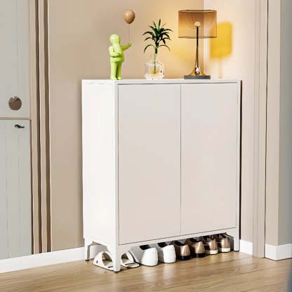 Modern White Wood Large Entryway Shoe Cabinet — White / Colorful Handle