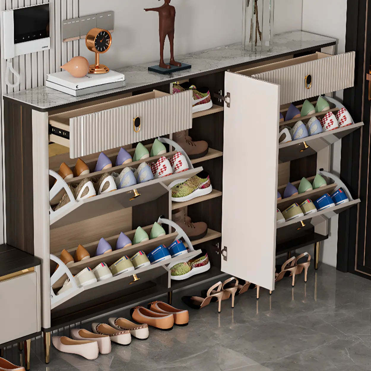 Modern White Wood Sliding Shoe Cabinet