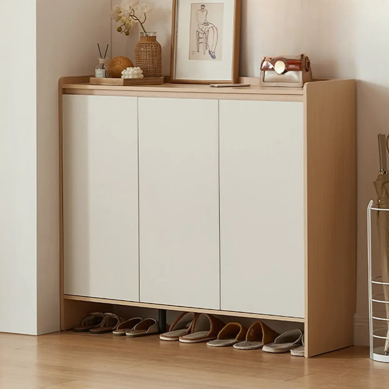 Modern Beige Wood Entryway Shoe Cabinet
