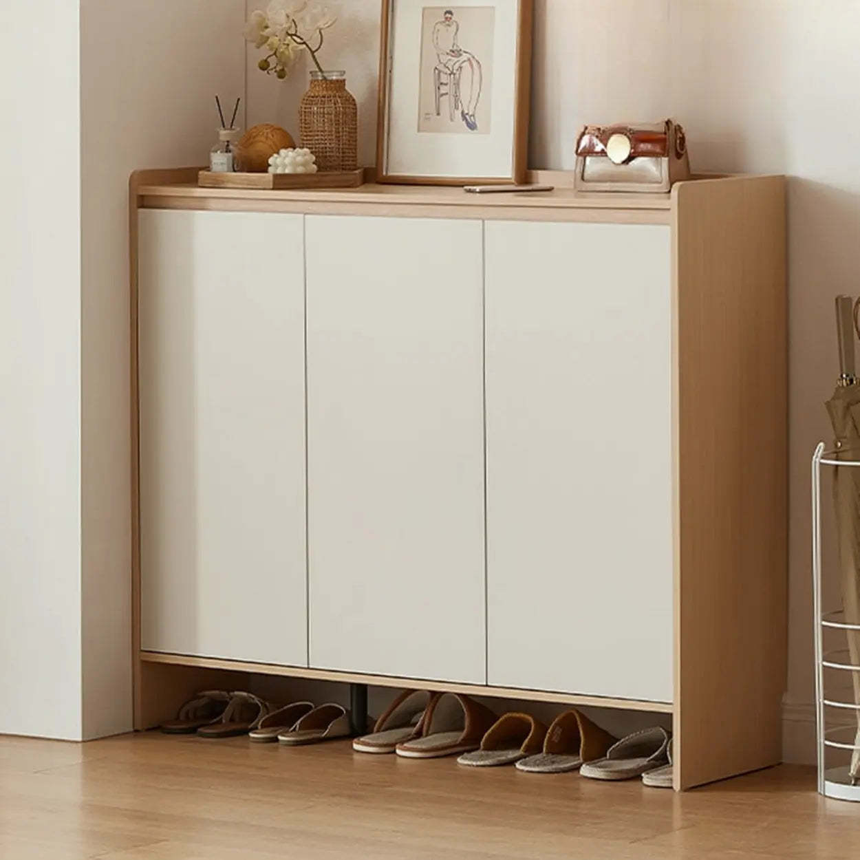Modern Beige Wood Entryway Shoe Cabinet — Grey