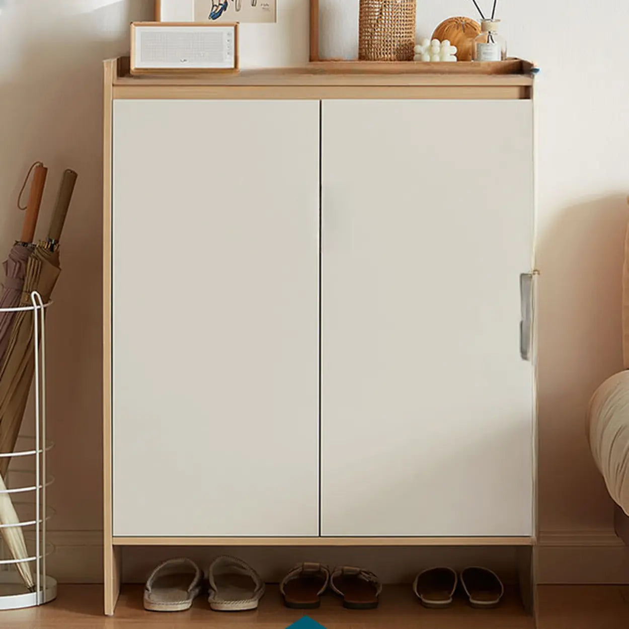 Modern Beige Wood Entryway Shoe Cabinet — Natural