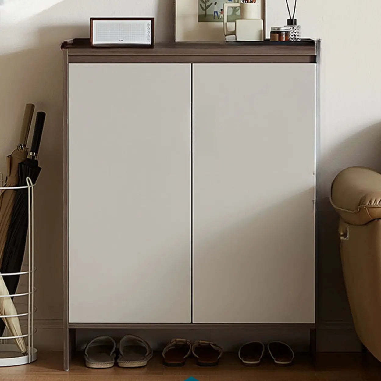 Modern Beige Wood Entryway Shoe Cabinet — Natural