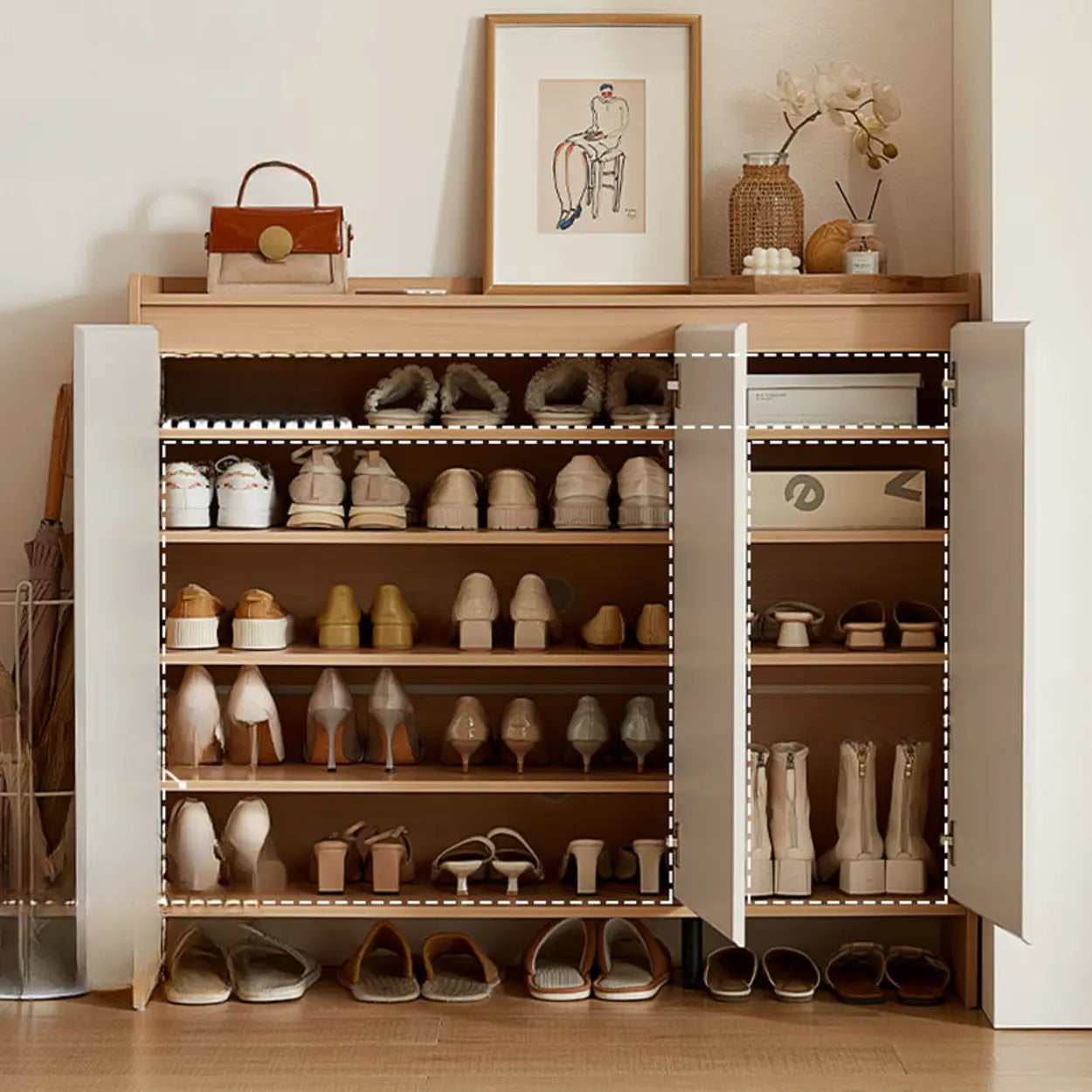 Modern Beige Wood Entryway Shoe Cabinet — Natural