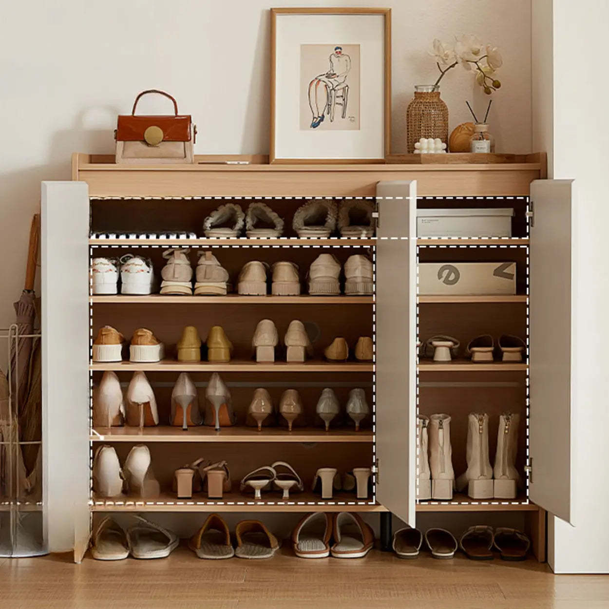 Modern Beige Wood Entryway Shoe Cabinet — Natural