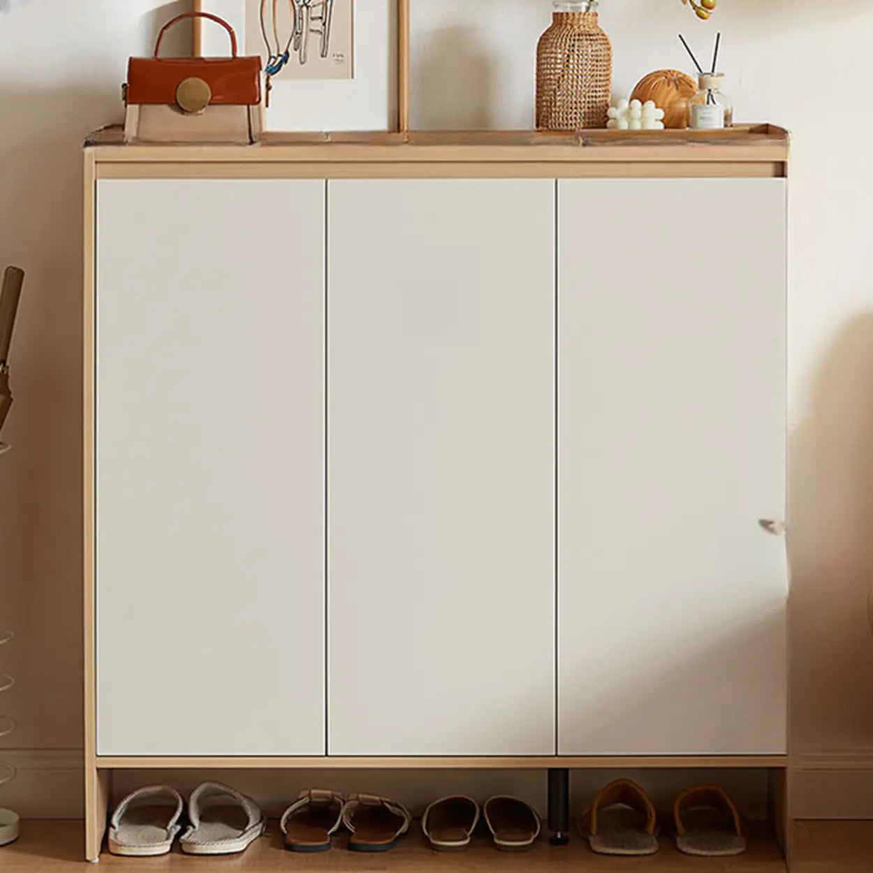 Modern Beige Wood Entryway Shoe Cabinet — Grey