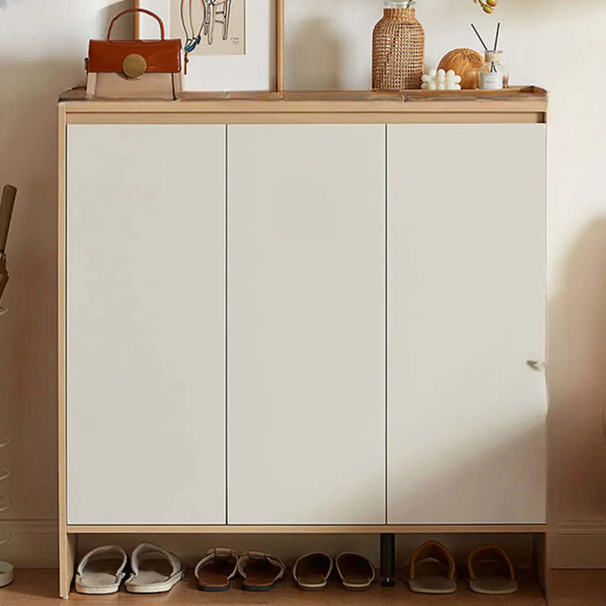 Modern Beige Wood Entryway Shoe Cabinet — Grey
