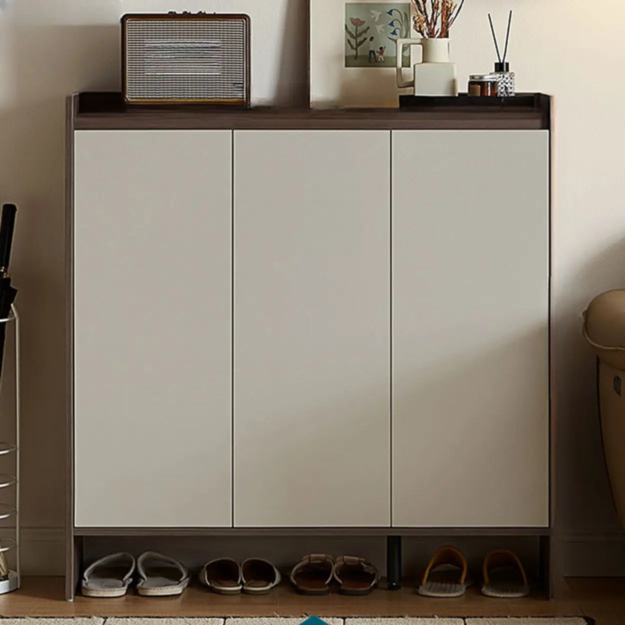Modern Beige Wood Entryway Shoe Cabinet — Grey