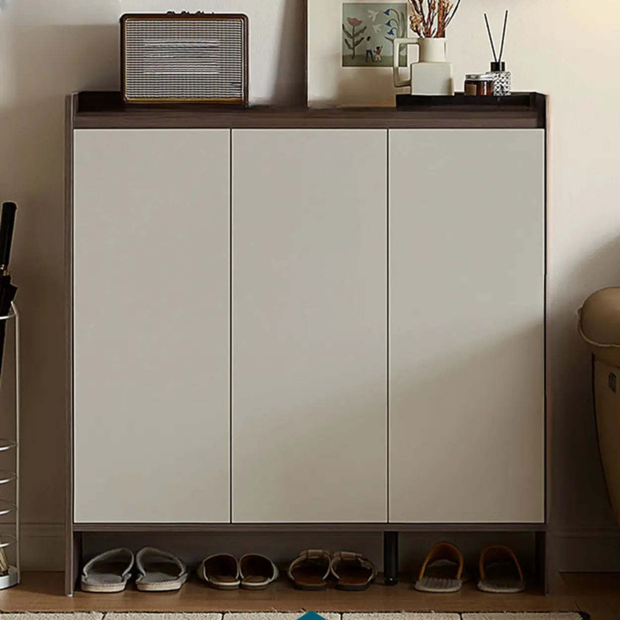 Modern Beige Wood Entryway Shoe Cabinet — Grey