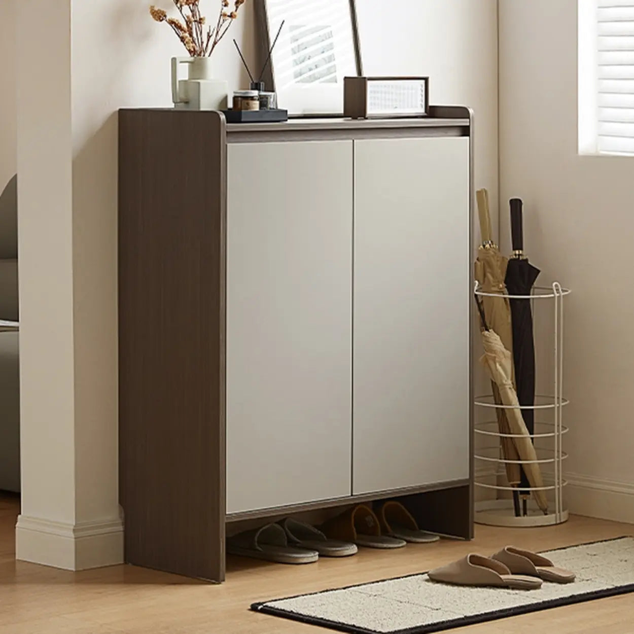 Modern Beige Wood Entryway Shoe Cabinet — Natural