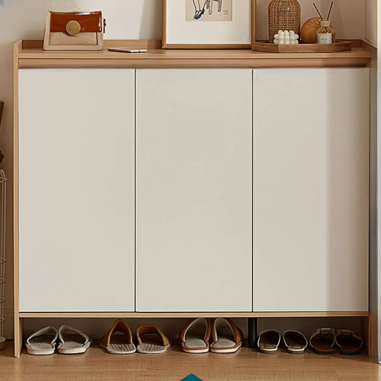 Modern Beige Wood Entryway Shoe Cabinet — Natural