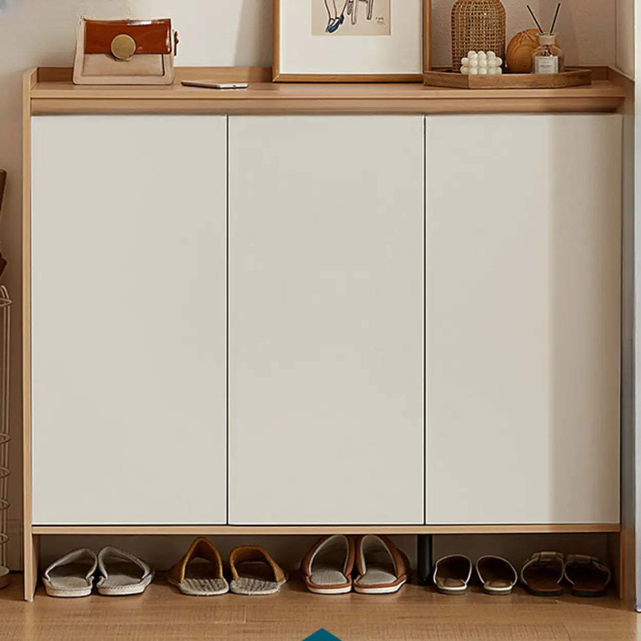 Modern Beige Wood Entryway Shoe Cabinet — Natural