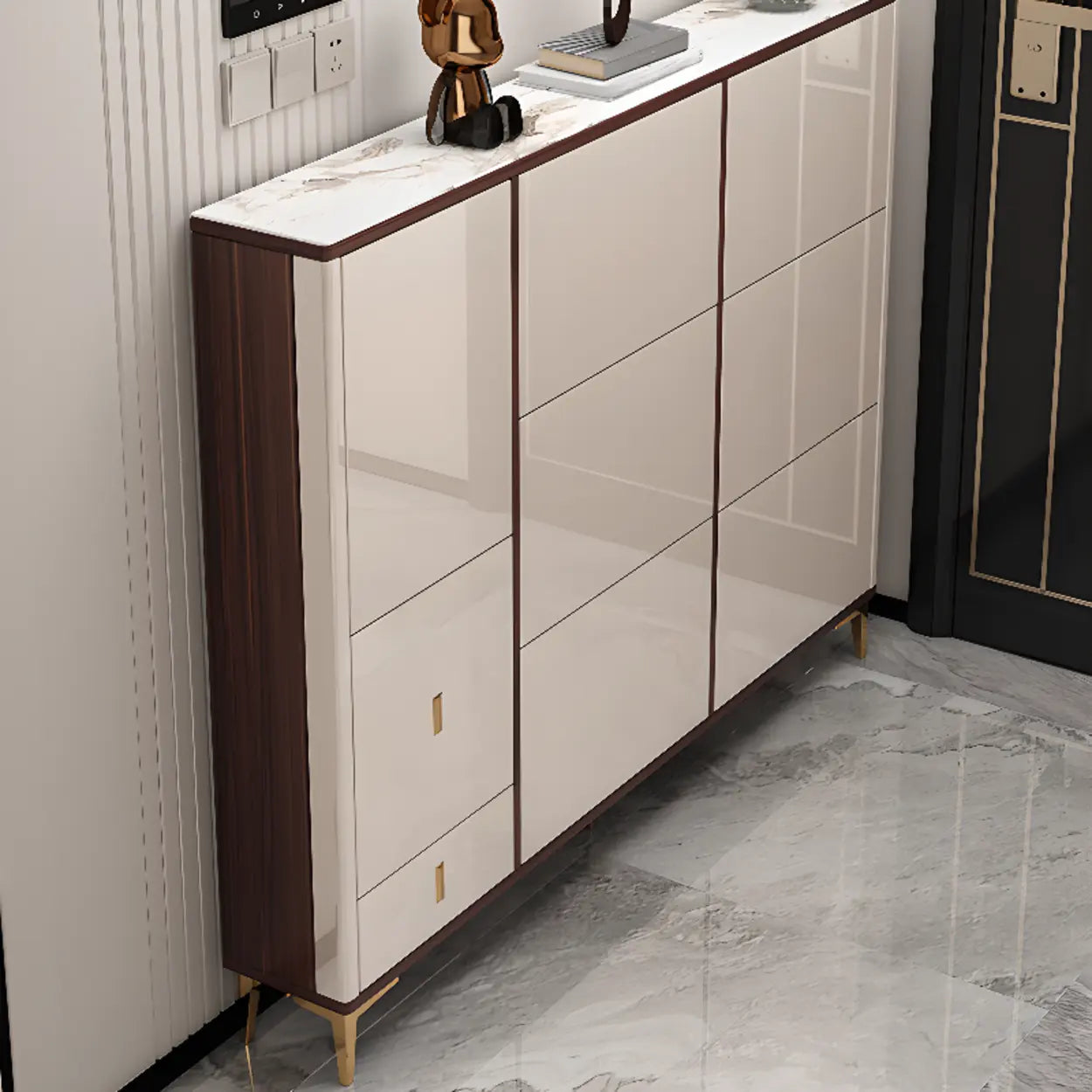 Modern Cream Wood Large Entryway Shoe Cabinet — Champagne / Stool Not Included