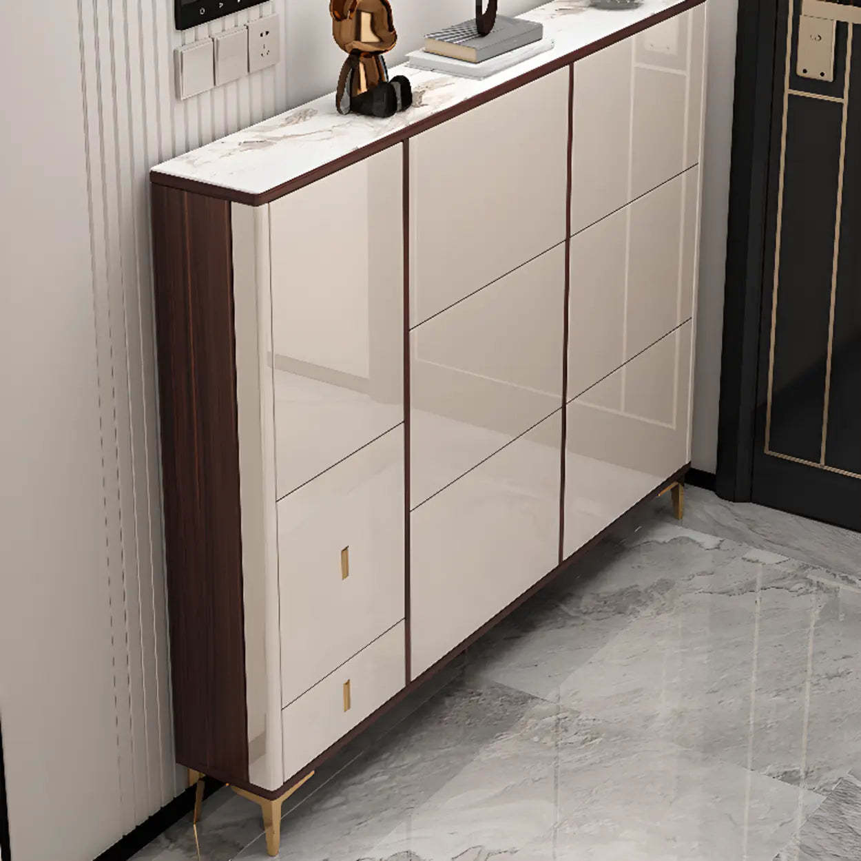 Modern Cream Wood Large Entryway Shoe Cabinet — Champagne / Stool Not Included