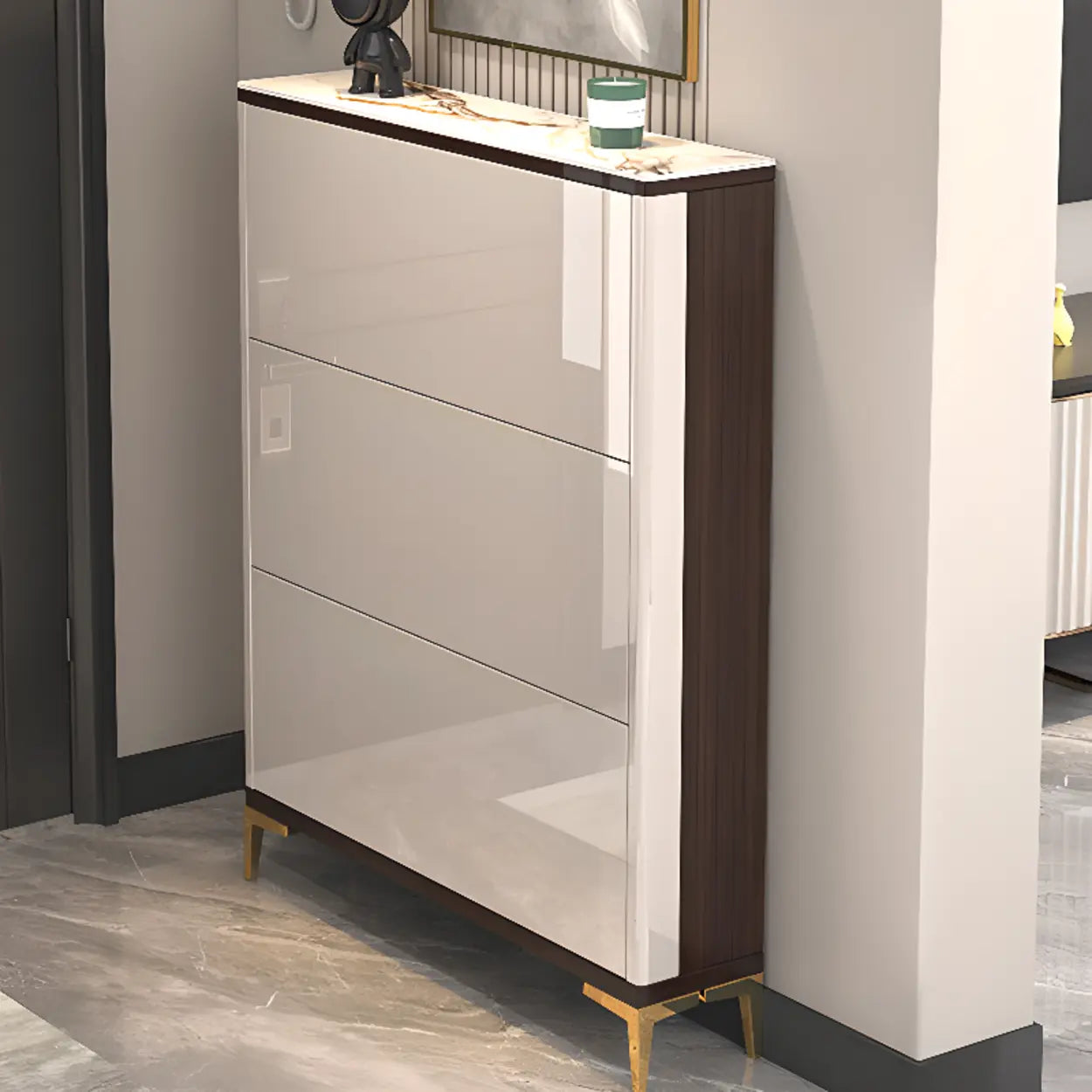 Modern Cream Wood Large Entryway Shoe Cabinet — Grey / Stool Included
