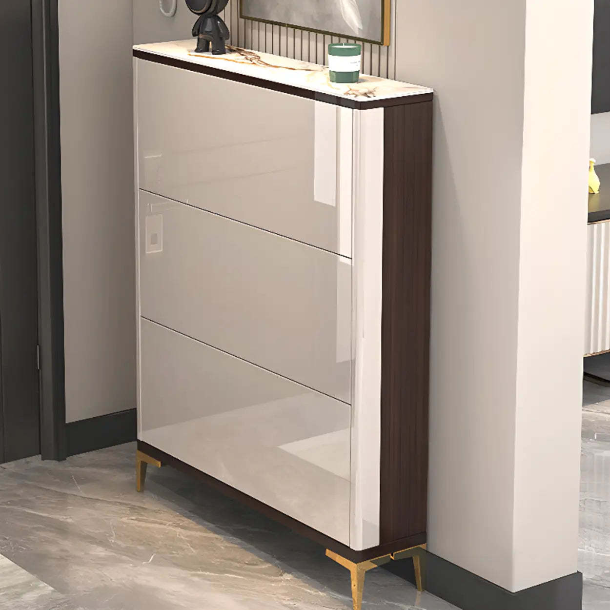 Modern Cream Wood Large Entryway Shoe Cabinet — Grey / Stool Included