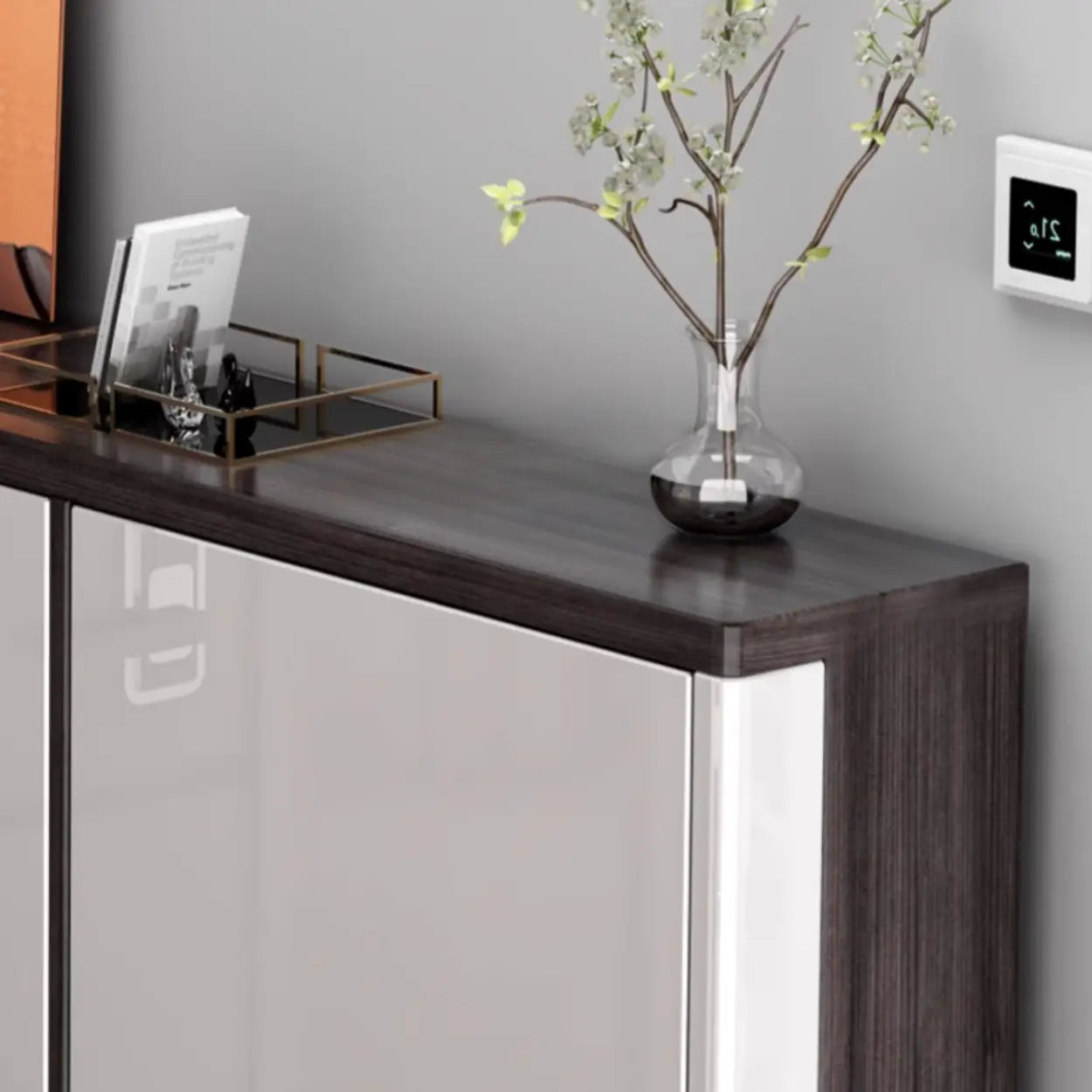 Modern Cream Wood Large Entryway Shoe Cabinet — Champagne / Stool Included
