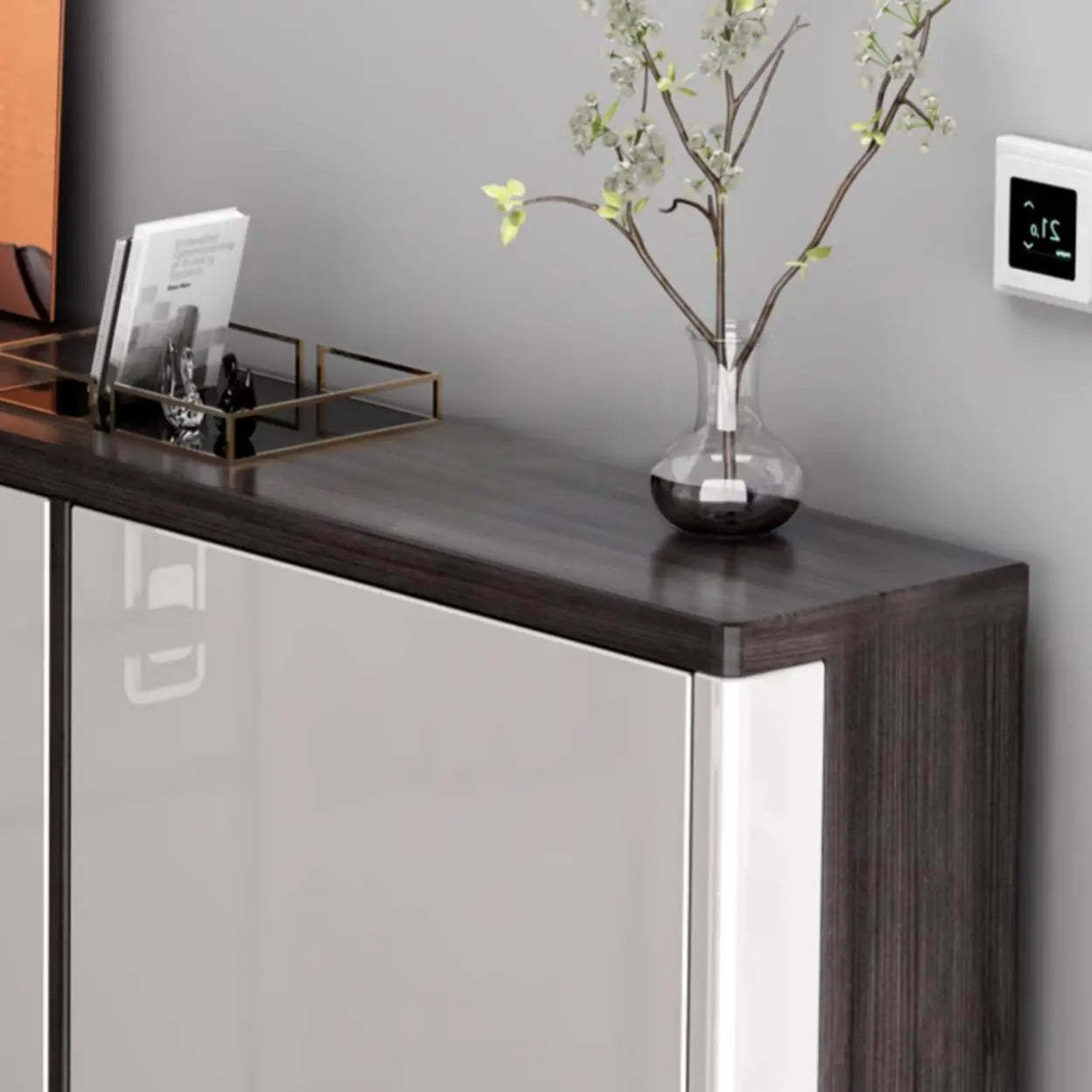 Modern Cream Wood Large Entryway Shoe Cabinet — Champagne / Stool Included