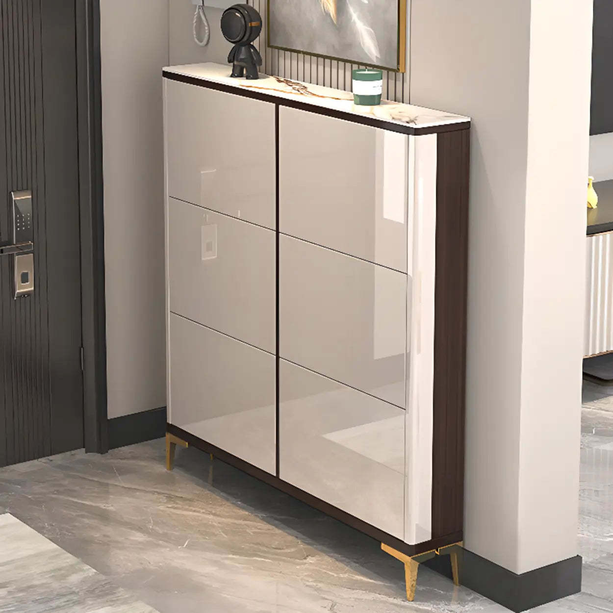 Modern Cream Wood Large Entryway Shoe Cabinet — Grey / Stool Included