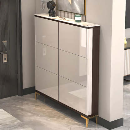 Modern Cream Wood Large Entryway Shoe Cabinet — Grey / Stool Included
