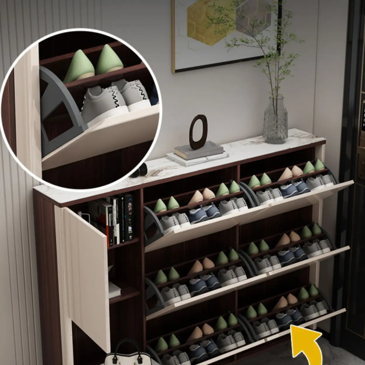Modern Cream Wood Large Entryway Shoe Cabinet — Champagne / Stool Included
