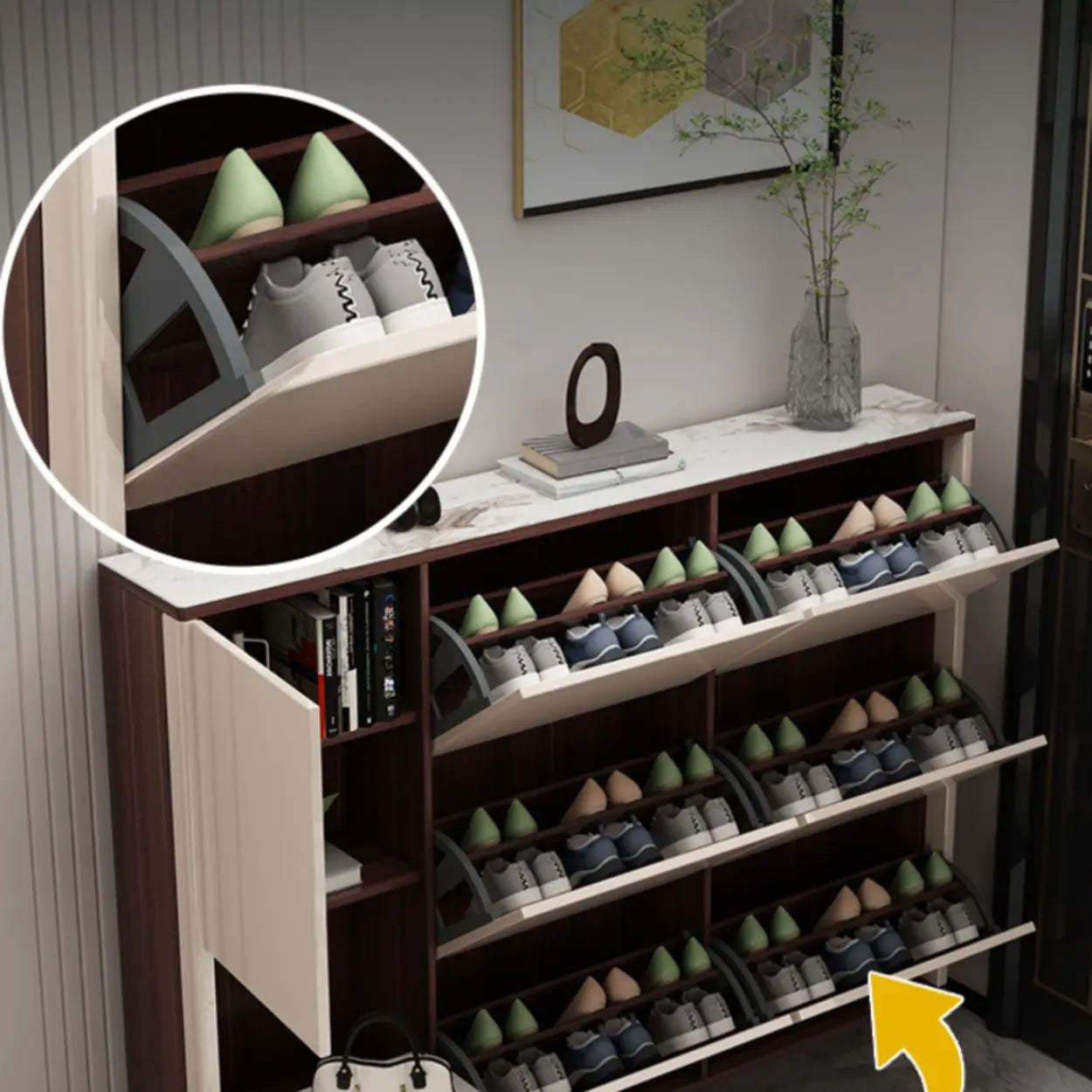 Modern Cream Wood Large Entryway Shoe Cabinet — Champagne / Stool Included