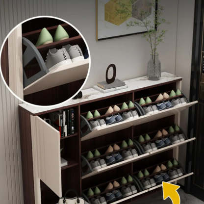 Modern Cream Wood Large Entryway Shoe Cabinet — Champagne / Stool Included