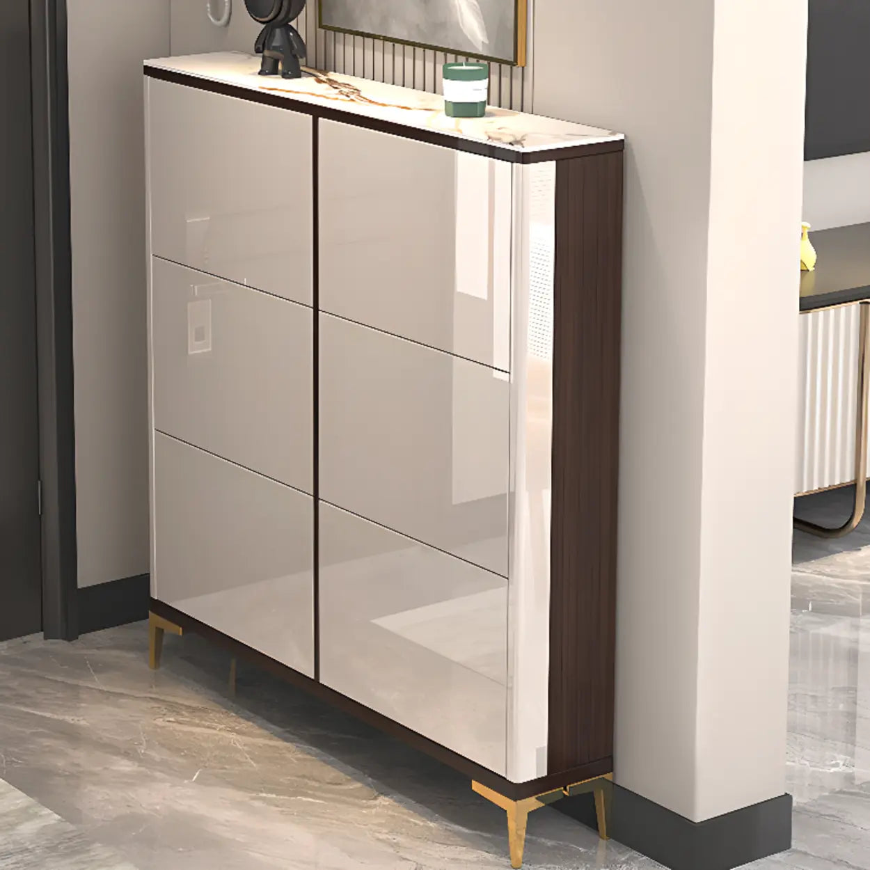 Modern Cream Wood Large Entryway Shoe Cabinet — Grey / Stool Included