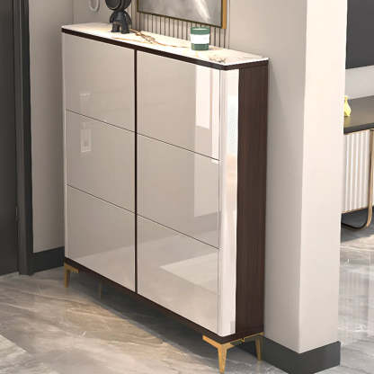 Modern Cream Wood Large Entryway Shoe Cabinet — Grey / Stool Included
