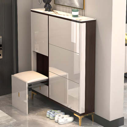 Modern Cream Wood Large Entryway Shoe Cabinet — Grey / Stool Not Included