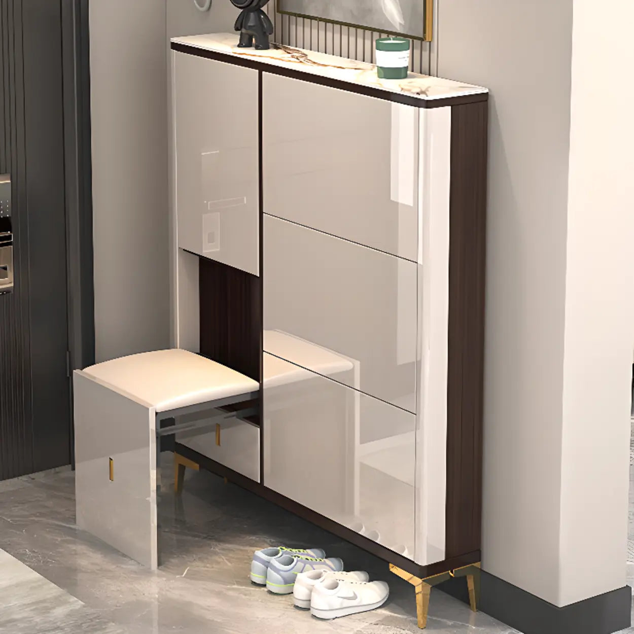Modern Cream Wood Large Entryway Shoe Cabinet — Champagne / Stool Not Included