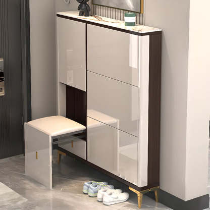Modern Cream Wood Large Entryway Shoe Cabinet — Champagne / Stool Not Included