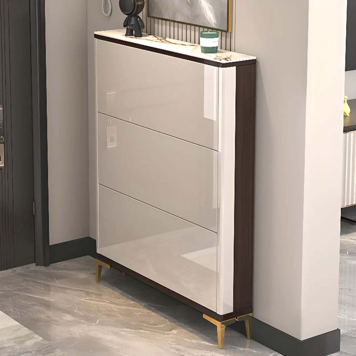 Modern Cream Wood Large Entryway Shoe Cabinet — Grey / Stool Not Included