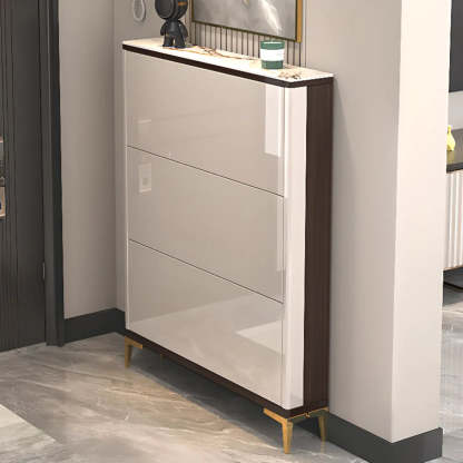 Modern Cream Wood Large Entryway Shoe Cabinet — Grey / Stool Not Included