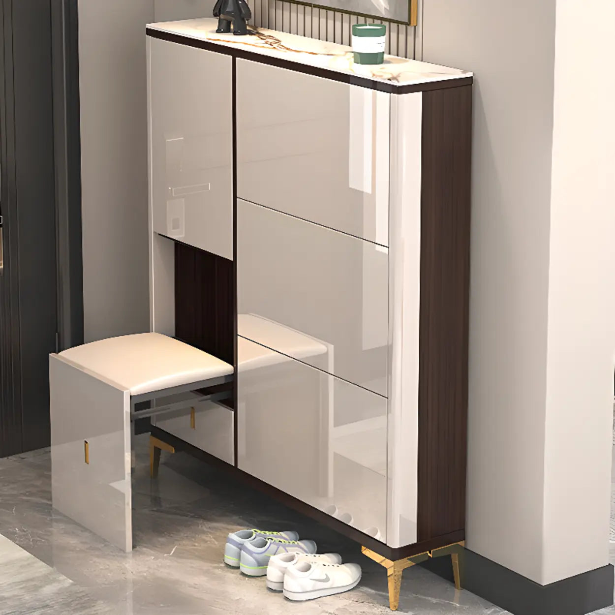 Modern Cream Wood Large Entryway Shoe Cabinet — Grey / Stool Not Included