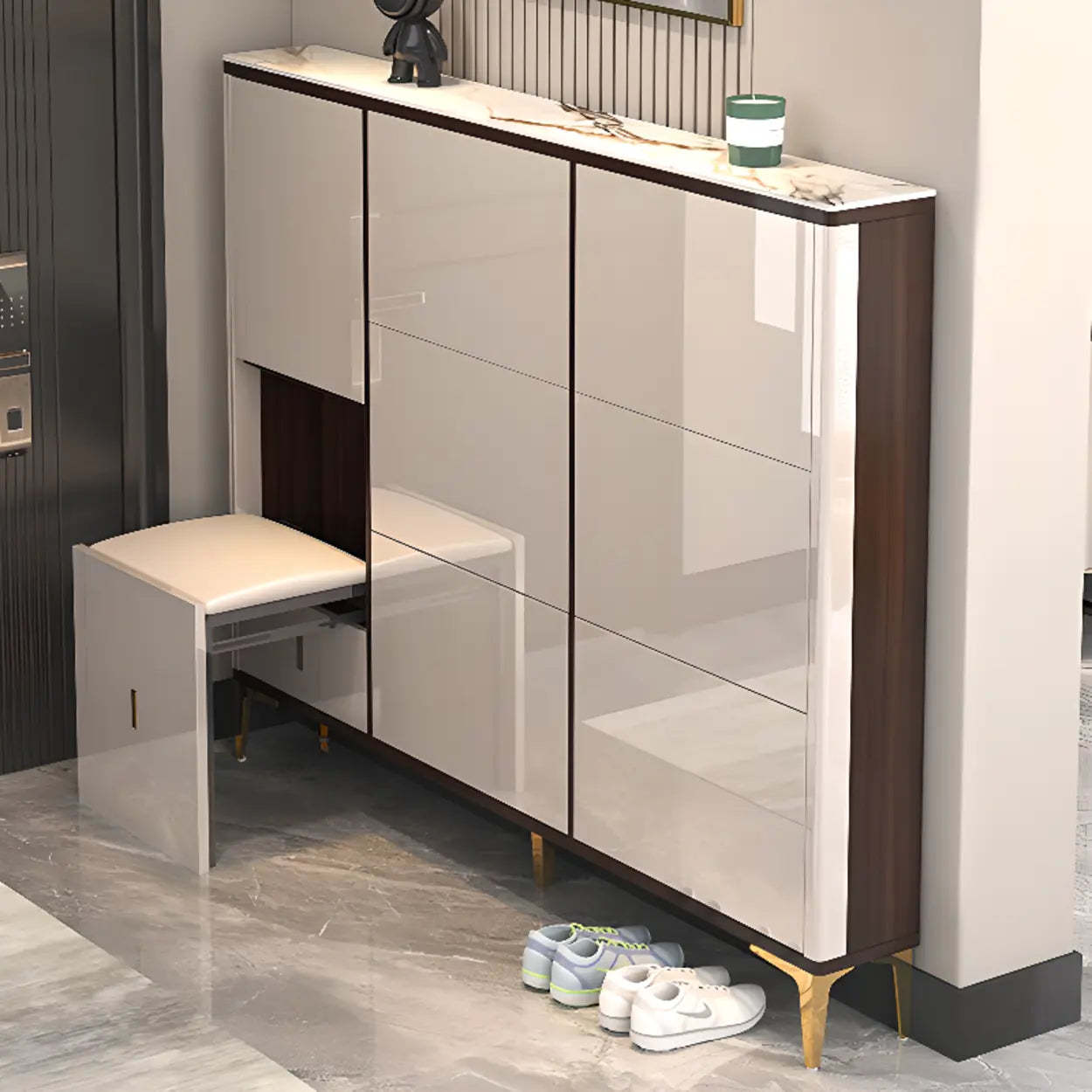 Modern Cream Wood Large Entryway Shoe Cabinet — Champagne / Stool Not Included