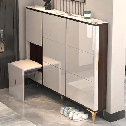 Modern Cream Wood Large Entryway Shoe Cabinet — Champagne / Stool Not Included