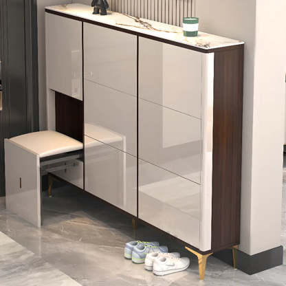 Modern Cream Wood Large Entryway Shoe Cabinet — Grey / Stool Not Included
