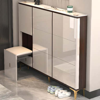 Modern Cream Wood Large Entryway Shoe Cabinet — Champagne / Stool Not Included